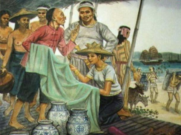 Trading at Port of Sugbu, circa 1521 modern day Cebu, Philippines by Manuel Pañares. Chinese, Anamese, Cambodian, Europeans and Arabs entered and traded at the Cebu Port. Gold, cotton, and slaves were bartered in exchange of silk, porcelain, beads, and other metals. Traders paid tribute to the King of Cebu. (Liane777/CC BY SA 4.0)