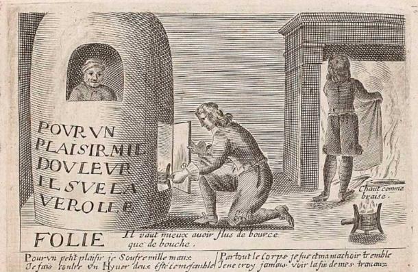 Treatment with mercury vapour. In a small chamber, mercury vapour was inhaled. Illustration of the 17th century (public domain).