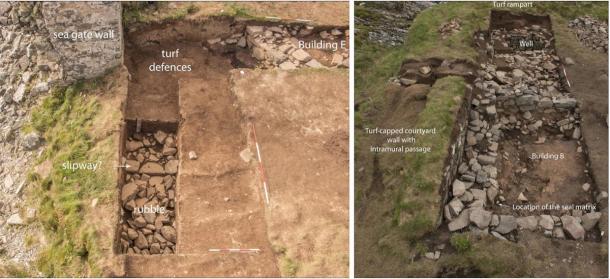 Left: Trench 2, excavation at the sea gate. Right: Trench 1, excavation of building B showing where the clan Campbell seal matrix was found. (Darko Maricevic ̌ / Antiquity Publications Ltd)