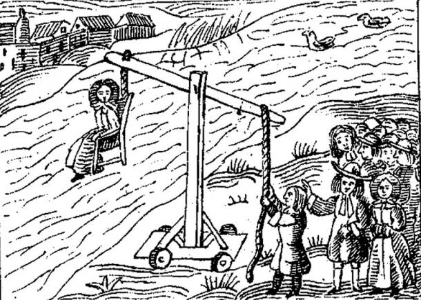 Trial by water, 17th century engraving
