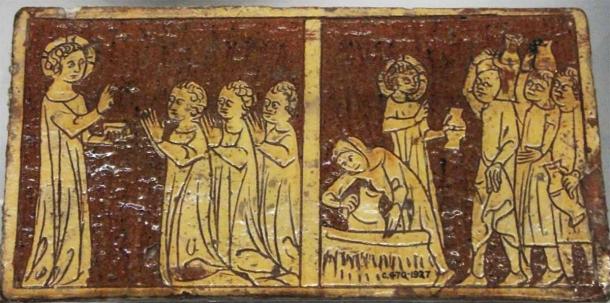 One of the “Tring Tiles”, circa 1330, depicting the antics of a teenage Jesus (Johnbod / CC BY SA 3.0)
