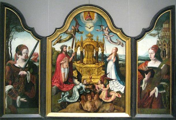The New Testament Trinity with a mystical source of life-giving blood of Christ, St. Catherine (left), St. Barbara (right).