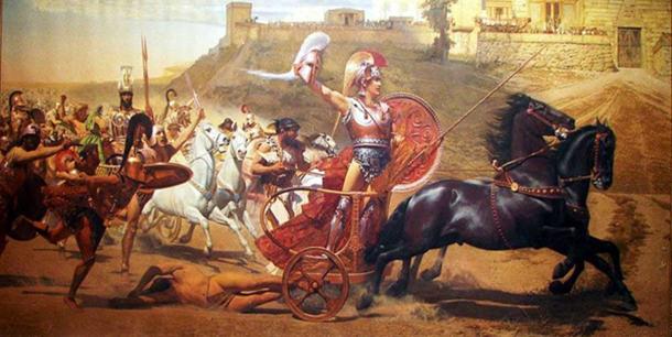 Triumphant Achilles dragging Hector's body around Troy.