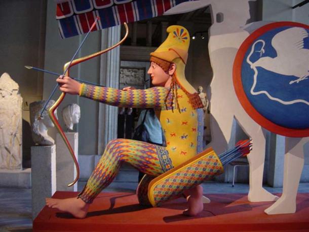 Trojan archer (so called “Paris”), figure W-XI of the west pediment of the Temple of Aphaia, ca. 505–500 BC Polychrome reconstruction from the exhibition Bunte Götter.