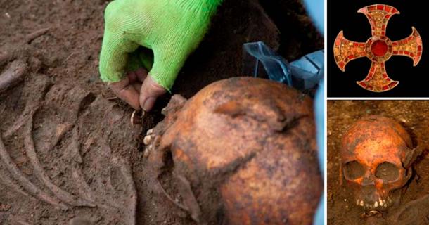 Left, The Trumpington Cross is found during the excavation of the burial in 2012. Top right, The Trumpington Cross. Bottom Right, Skull of Anglo-Saxon girl in the burial. (University of Cambridge Archaeological Unit)