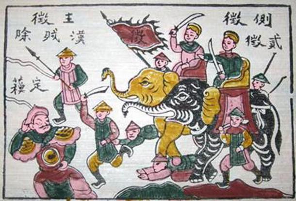 Las hermanas Trung montan elefantes en la batalla en esta pintura de estilo Đông Hồ. (Dominio publico)
