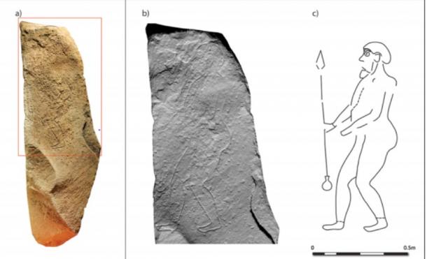 The Tulloch stone: a) photogrammetric image; b) hillshade model; c) interpretation. (University of Aberdeen)