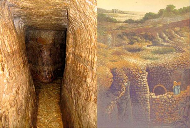 Left; Hezekiah's Tunnel (Tamar Hayardeni/ CC BY 3.0) Right; Hand-colored photo/print of the site of the Pool of Siloam. (c. 1865)  Public Domain)