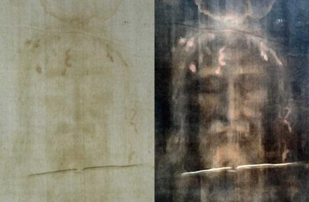 Turin shroud positive and negative displaying original color information.  (CC BY-SA 3.0)