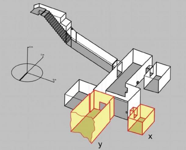 Theban Mapping Project's diagram of King Tutankamun's known tomb, in gray, and two possible new rooms in yellow and red, one of which, a researcher says, cold be Queen Nefertiti's burial chamber.