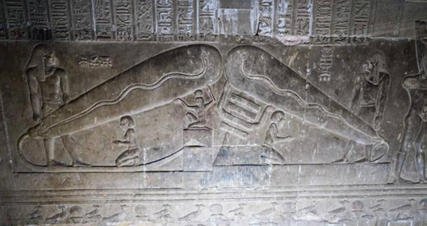 Two “Dendera lights”, one held up by Ptah and the other by a Djed pillar. (Ioannis Syrigos)