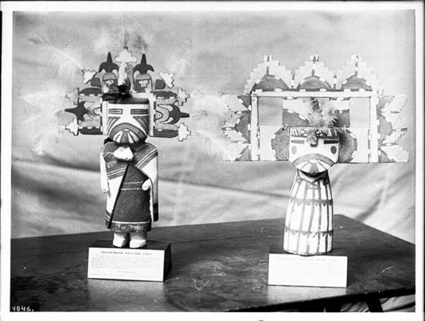 Two Hopi Indian kachina dolls (male and female), ca.1900.