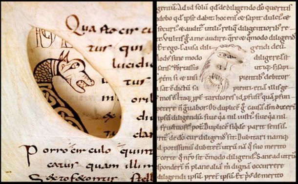 Two examples of holes being incorporated into the work: Bamberg, Staatsbibliothek, Msc.Nat.1 (9th century) (Staatsbibliothek Bamberg) and Bamberg, Staatsbibliothek, Msc.Patr.41, fol. 69r. 