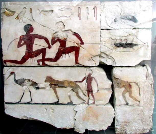 Two men are depicted catching birds, while in the lower register a boy is shown playing with two monkeys. Tomb of Atet, Meidum. Limestone with inlays. 4th Dynasty. Glyptotek, Copenhagen.
