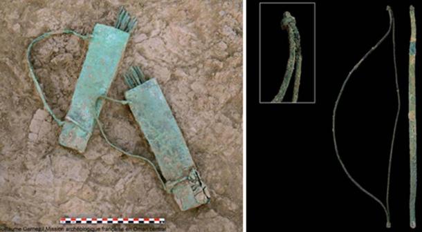 Left: Two quivers made of copper/bronze found at Mudhmar East. Right: Non-utilitarian bow, entirely made of copper/bronze