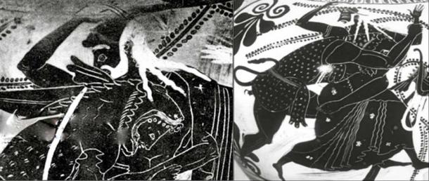 Two similar vase-scenes from about 550 BC depict Nimrod/Herakles knocking Noah/Nereus out of the way. (Author provided).