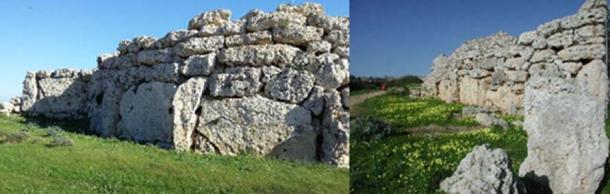 Two views of the massive walls at the Ġgantija megalithic complex.