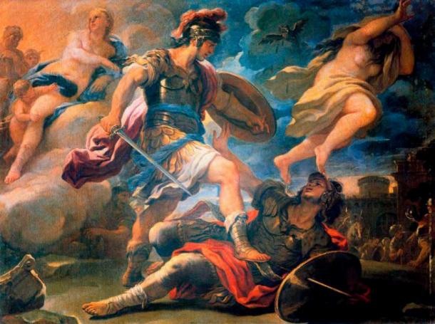 Tarchon and the Tyrrhenians, or the Etruscans, were allies of Aeneas in a battle against Turnus. Aeneus defeats Turnus, 17th century oil painting by Luca Giordano (Public Domain)