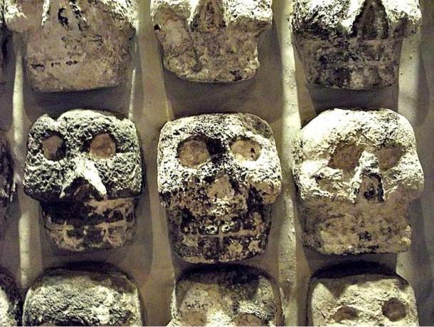Detail of the Tzompantli located in the Templo Mayor in Mexico.