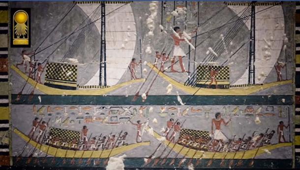 A painting in Khuwy’s tomb depicting boats and rowers. Credit: Screenshot from Ministry of Antiquities video