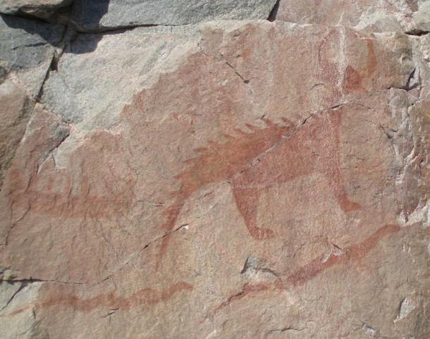 Underwater Panther rock painting. The Great Serpent, depicted as a hybrid feline with serpent features, is known as the Underwater Panther and rules the Underworld at Devil’s Lake
