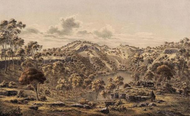 Crater of Mount Eccles (Budj Bim, Victoria) in the 1860s. (Public Domain)
