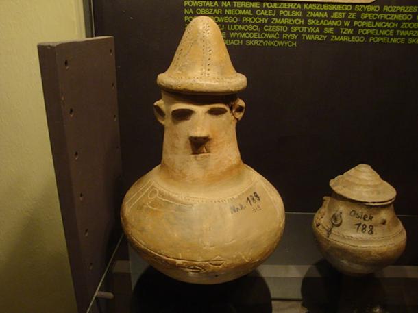 Urns with facial decoration dated 500-150 BC (Pomeranian culture) in Father Dr. Władysław Łęga Museum in Grudziądz, Poland.