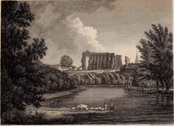 Vista de la Abadía de Malmesbury, Wiltshire, en 1779 por Thomas Hearne. (Dominio publico)