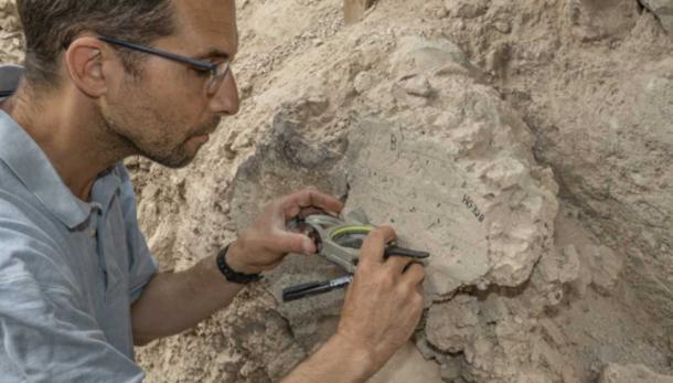 Yoav Vaknin measuring at the site (Photo: Shai Halevi, Israel Antiquities Authority/TAU)