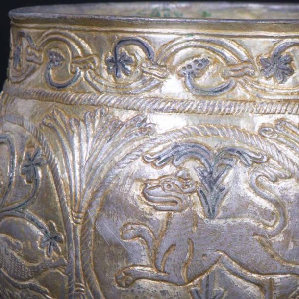 A closeup image of the Vale of York Hoard gilt silver cup dated to the 9th century AD and possibly made in Carolingian France. (Yorkshire Museum)