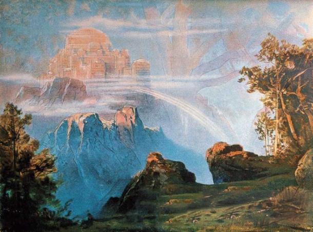 Valhalla, located in the realm of Asgard, as depicted by Max Brückner. (Public domain)