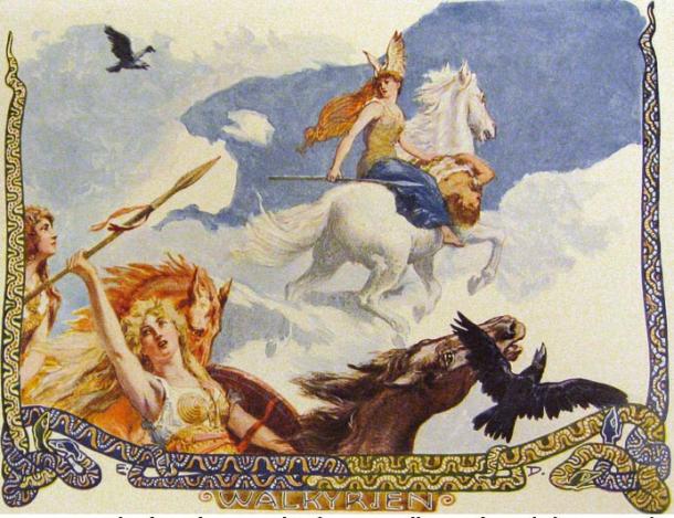 In the air, among clouds, and upon a white horse, a Valkyrie rides with the corpse of a man.