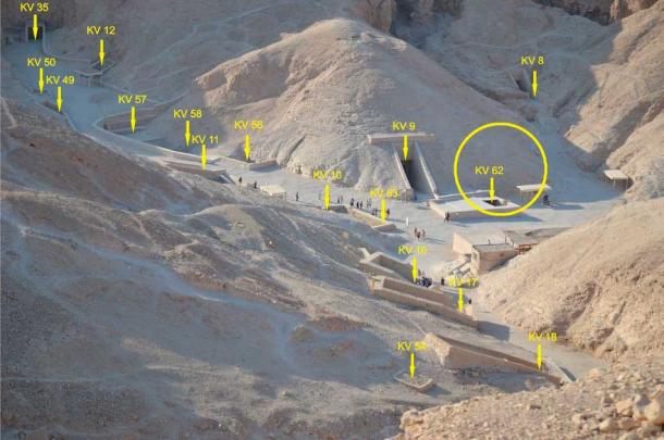 The Valley of the Kings. Circled in yellow, the area in which the most recent geophysical anomaly was detected in 2020, adjacent to Tutankhamun’s tomb, KV62. (Kingtut/CC BY-SA 3.0)