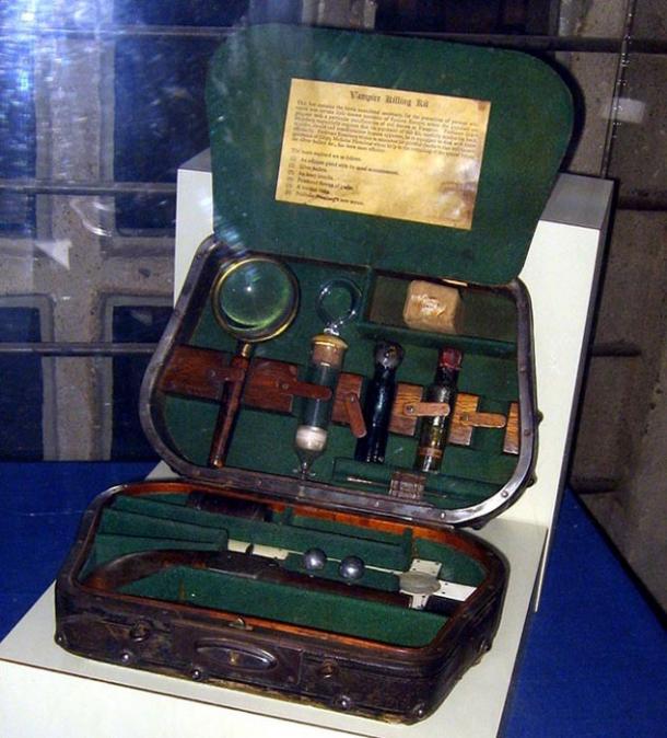 A ‘Vampire Killing kit’, equipped with items thought to ward off or defeat supernatural creatures, such as silver bullets and an ivory crucifix.