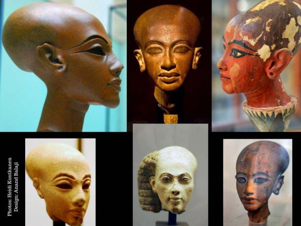 Various portraits of Amarna royalty in different materials display elongated heads and large skulls. Research, especially after the discovery of Tutankhamun’s mummy, has revealed that this style was grossly exaggerated. (Photo center, top row: Dmitry Denisenkov CC BY-SA 2.0)