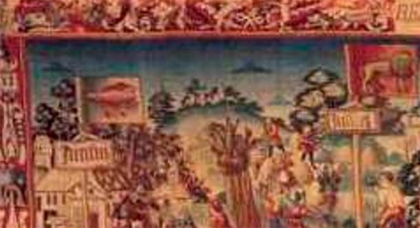 Various disc-shaped objects can be observed on the top left side of the tapestry. (Sirusly)
