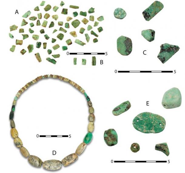 Variscite objects in a burial chamber at the prehistoric mines of Gava, Spain.