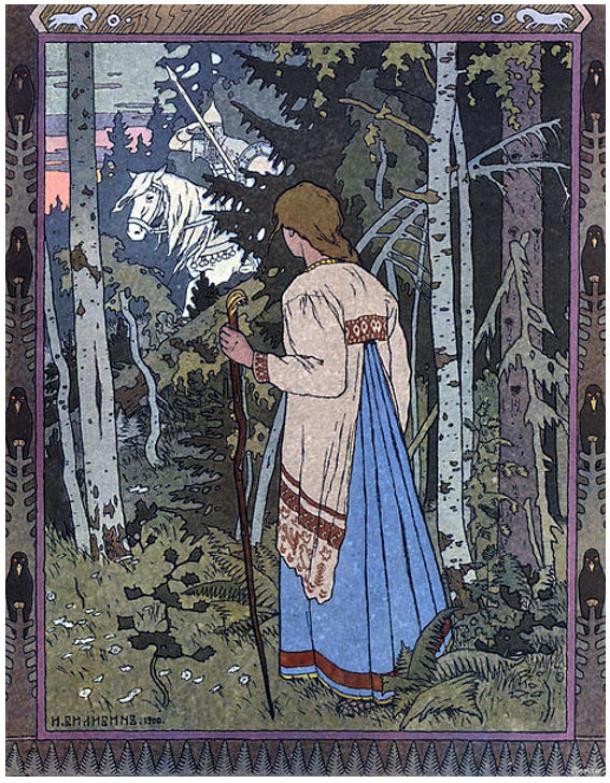 In the fairy tale, Vasilisa must travel through the forest to reach Baba Yaga’s hut. 