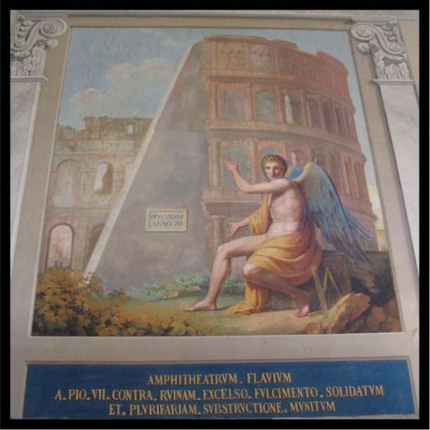atican mural of Pope Pius VII's buttress, supporting the ruins of the Flavian Amphitheater, as the Romans called the Colosseum. 