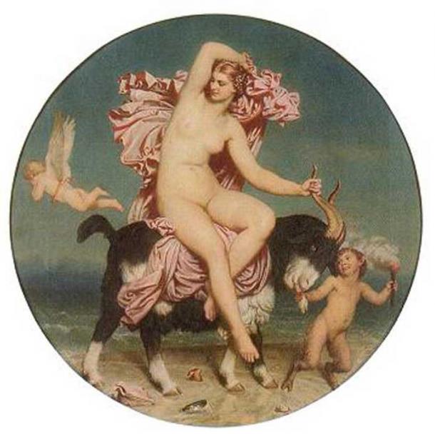 Venus Pandemos: A nude Venus riding a goat in a seaside setting.