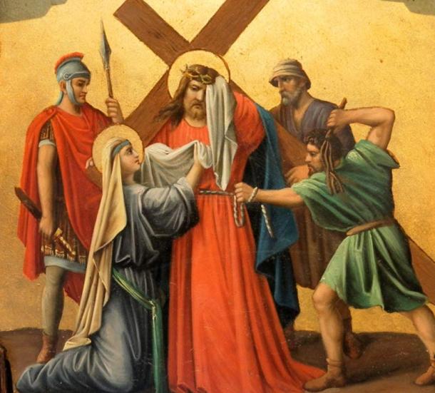 Вероника избърсва лицето на Исус, църквата „Свети Симфори“ в Пфетисхайм, Бас Рейн, Франция. 