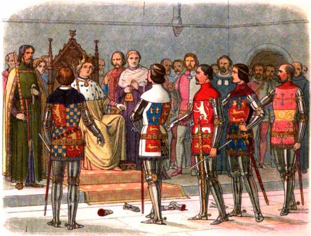 A Victorian depiction of the Lords Appellant throwing down their gauntlets to King Richard II. From left to right: Richard FitzAlan, 11th Earl of Arundel; Thomas of Woodstock, 1st Duke of Gloucester; Thomas de Mowbray, Earl of Nottingham; Henry, Earl of Derby (later Henry IV); and Thomas de Beauchamp, 12th Earl of Warwick. 1864 illustration by James E. Doyle (Public Domain)