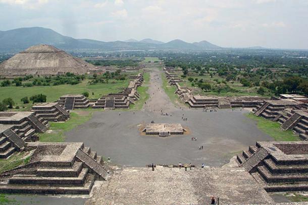 View of the Avenue of the Dead and the Pyramid of the Sun, from Pyramid of the Moon, Teotihuacan. 