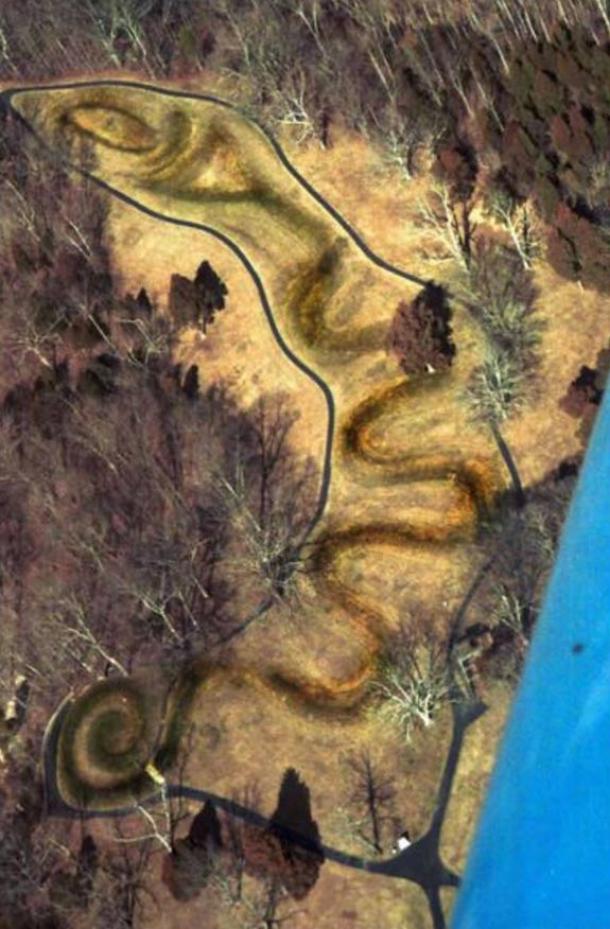 View of the Great Serpent Mound, one of the most important prehistoric effigy mounds of Adema Culture, located on the Ohio River, Ohio, USA