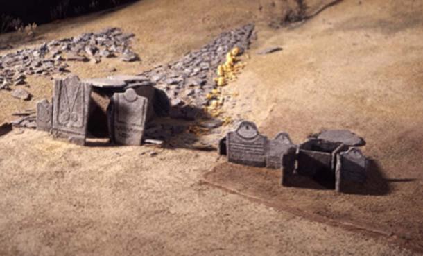 View of the MVI dolmen and reconstitution of alignments of anthropomorphic stele erected on the eponymous site of the Petit-Chasseur. (© Cantonal Museums of Valais)