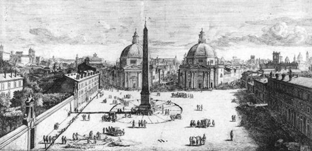 View of the Piazza del Popolo, Rome by Gaspar van Wittel (c. 1678) showing the Flaminian Obelisk and the surrounding square. Author provided