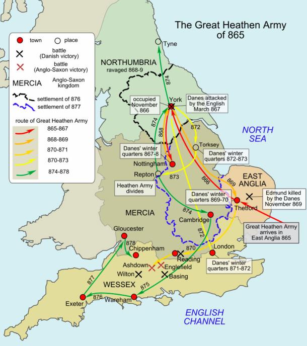 A map of the route taken by the Viking Great Heathen Army which arrived in England from Denmark, Norway, and southern Sweden in 865 AD