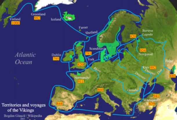 Viking expeditions (blue line): depicting the immense breadth of their voyages through most of Europe, the Mediterranean Sea, Northern Africa, Asia Minor, the Arctic and North America.