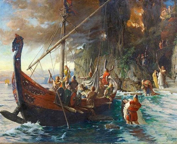 Los vikingos eran temidos por sus feroces incursiones y ataques. Esta pintura de 1901 de Ferdinand Leeke los muestra con sus cascos icónicos que los guerreros vikingos usaban como equipo de protección personal esencial. (Dominio publico)