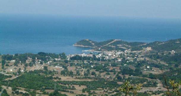 Village of Olymbiada, Chalkidiki, Greece. View from the northwest including site of ancient Stagira. 